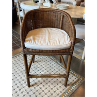 PAIR of Rattan Bar Stools w/ Wicker Backs & White Cushions