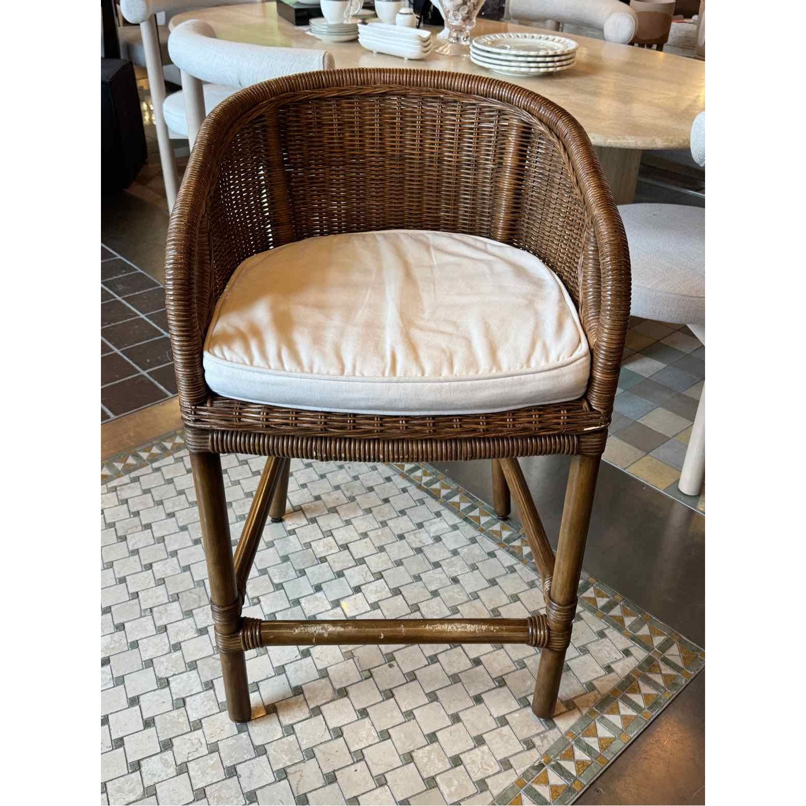 PAIR of Rattan Bar Stools w/ Wicker Backs & White Cushions