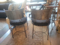 PAIR of Italian Hand-Forged Steel Dining Arm Chairs w/ Black Jacquard Cushions