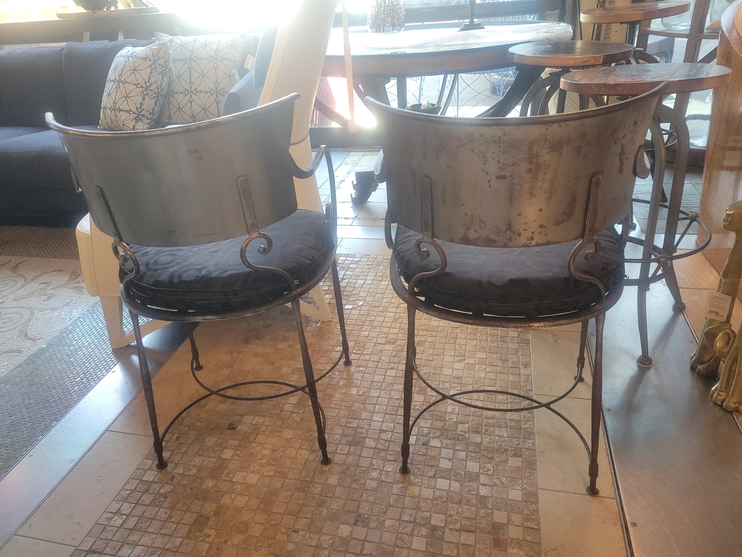 PAIR of Italian Hand-Forged Steel Dining Arm Chairs w/ Black Jacquard Cushions