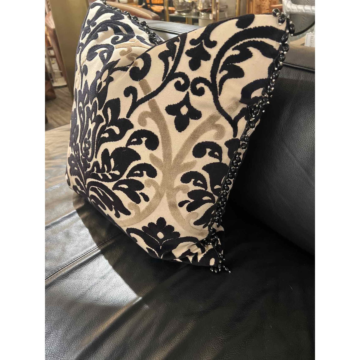 Black & White Velvet Design Pillow with Bead Trimming