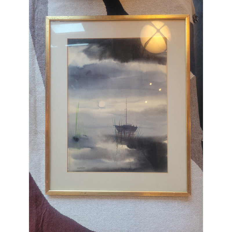 Boat Watercolor Painting by Maxim in Gold Frame