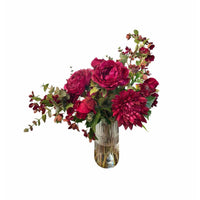 F23-BUPNYDHAL.GLS Burgundy Peonies and Dahlias in Glass Vase