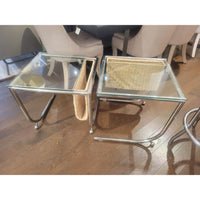 PAIR of Chrome Side Tables w/ Glass Tops & Wicker Magazine Holders - AS IS