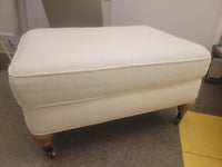 Rectangular Beige Fabric Ottoman w/ Turned Wood Feet on Casters
