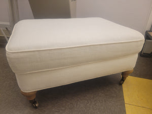 Rectangular Beige Fabric Ottoman w/ Turned Wood Feet on Casters