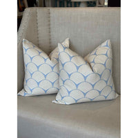 PAIR of Custom Off-White Seashells on Blue Square Pillows - colletteconsignment.com