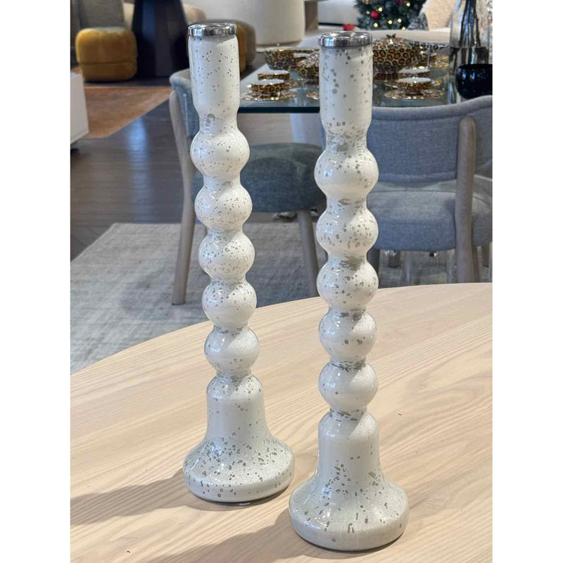 Pair of Gray-Speckled White Glass Candlesticks