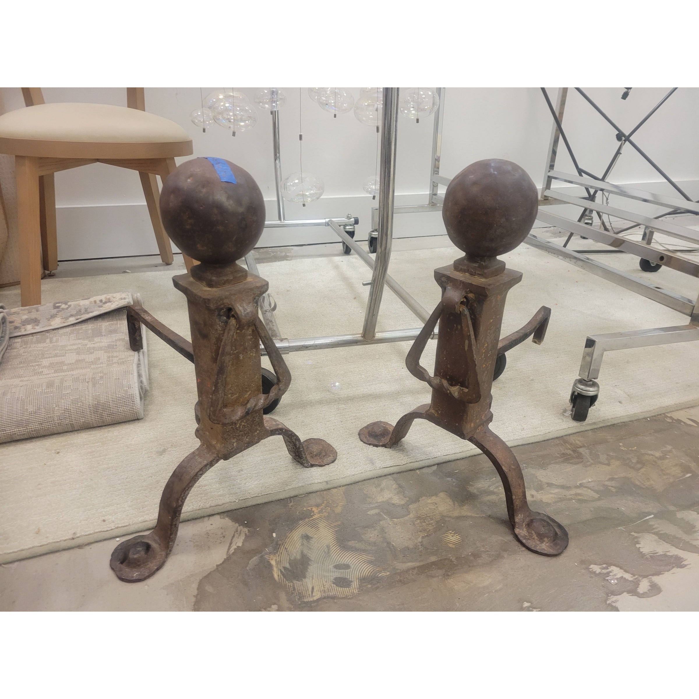 PAIR of Antique Iron Cannonball Andirons