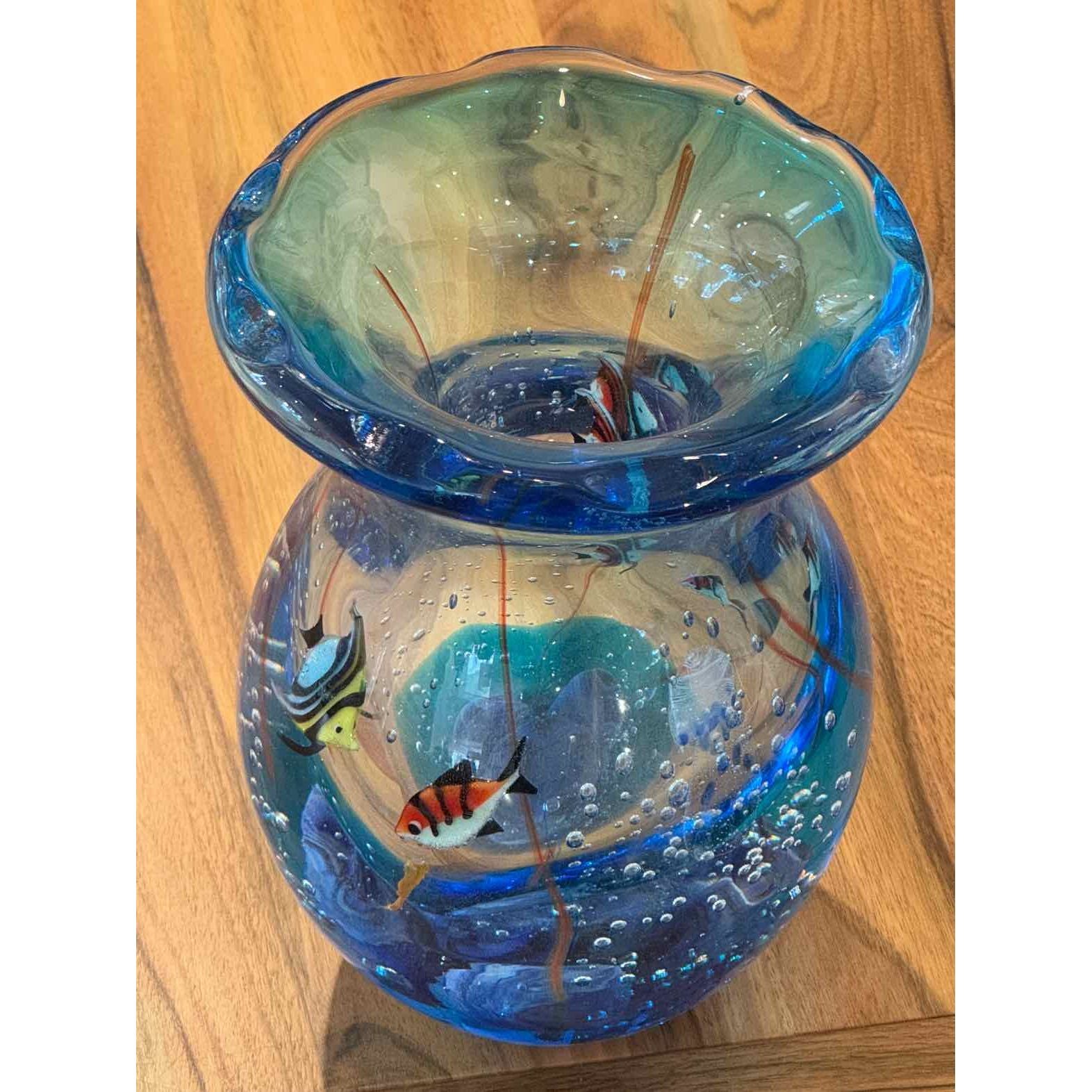 Vintage Murano Art Glass Vase w/ Fish Signed, 9"Hx6"D