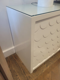 Custom 5-Door Matte White Lacquer Fish Scale Credenza w/ Glass Top