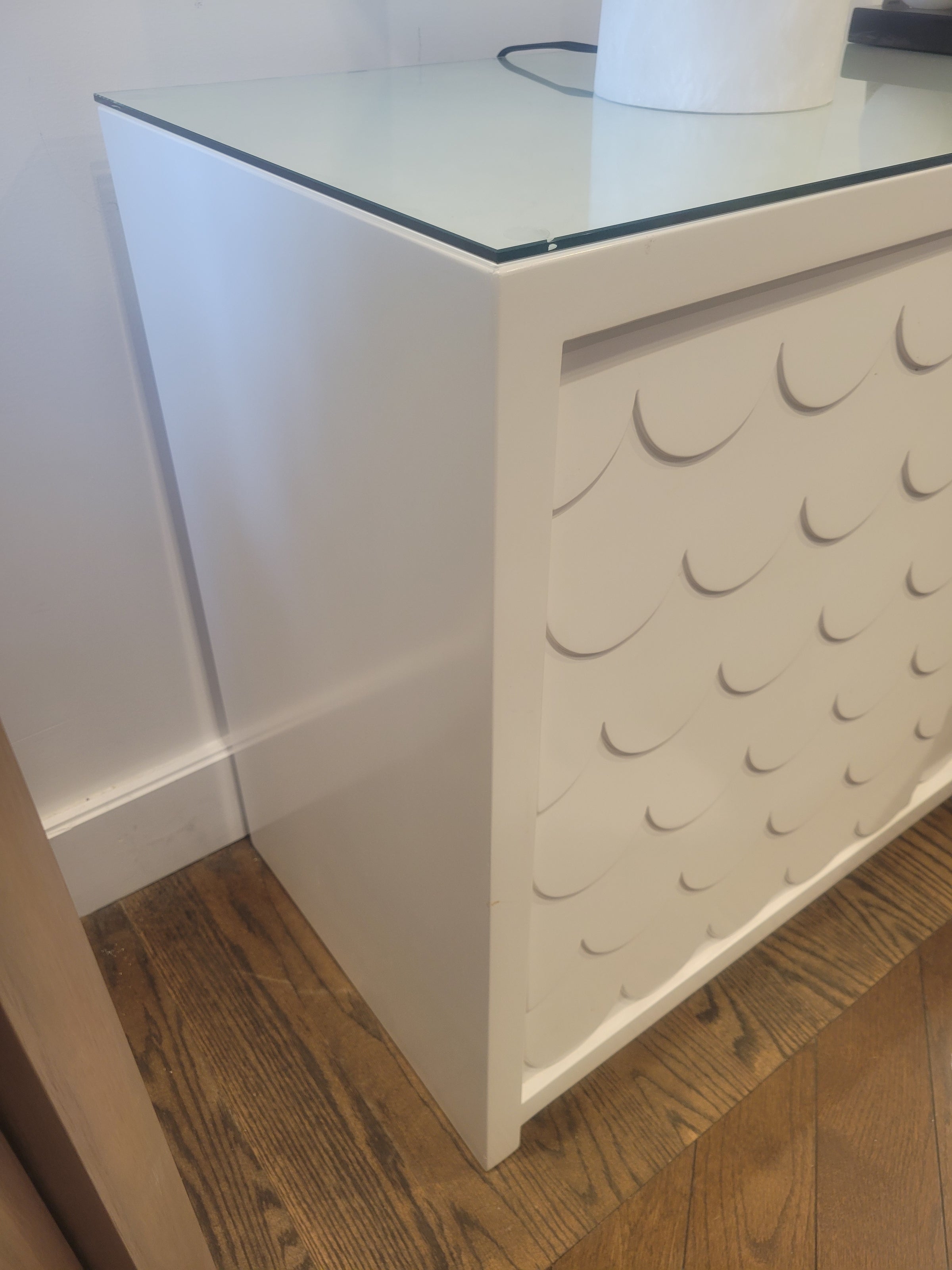 Custom 5-Door Matte White Lacquer Fish Scale Credenza w/ Glass Top