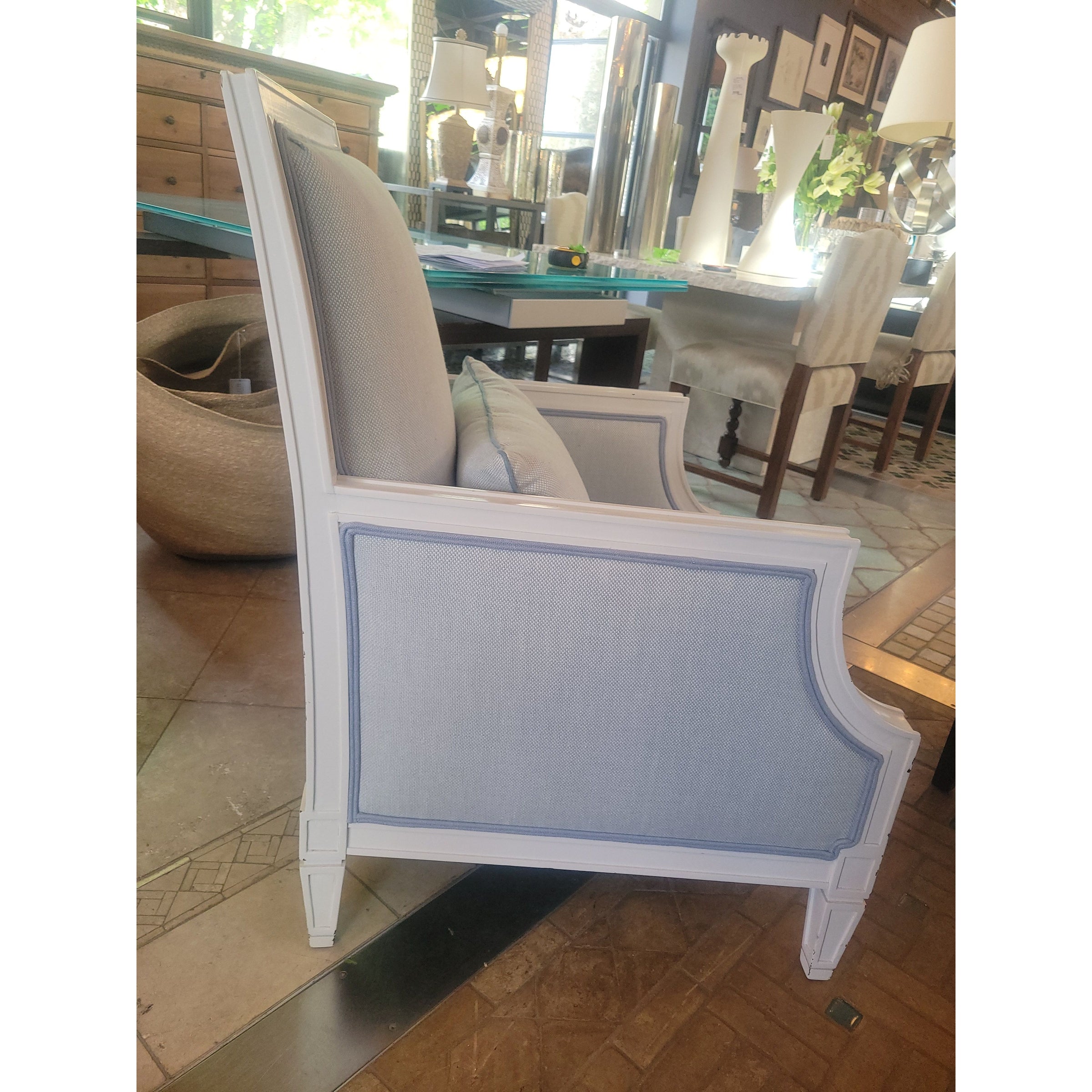 Custom High Back Blue Weave Arm Chair w/ White Wood Frame by Jack Fhillips