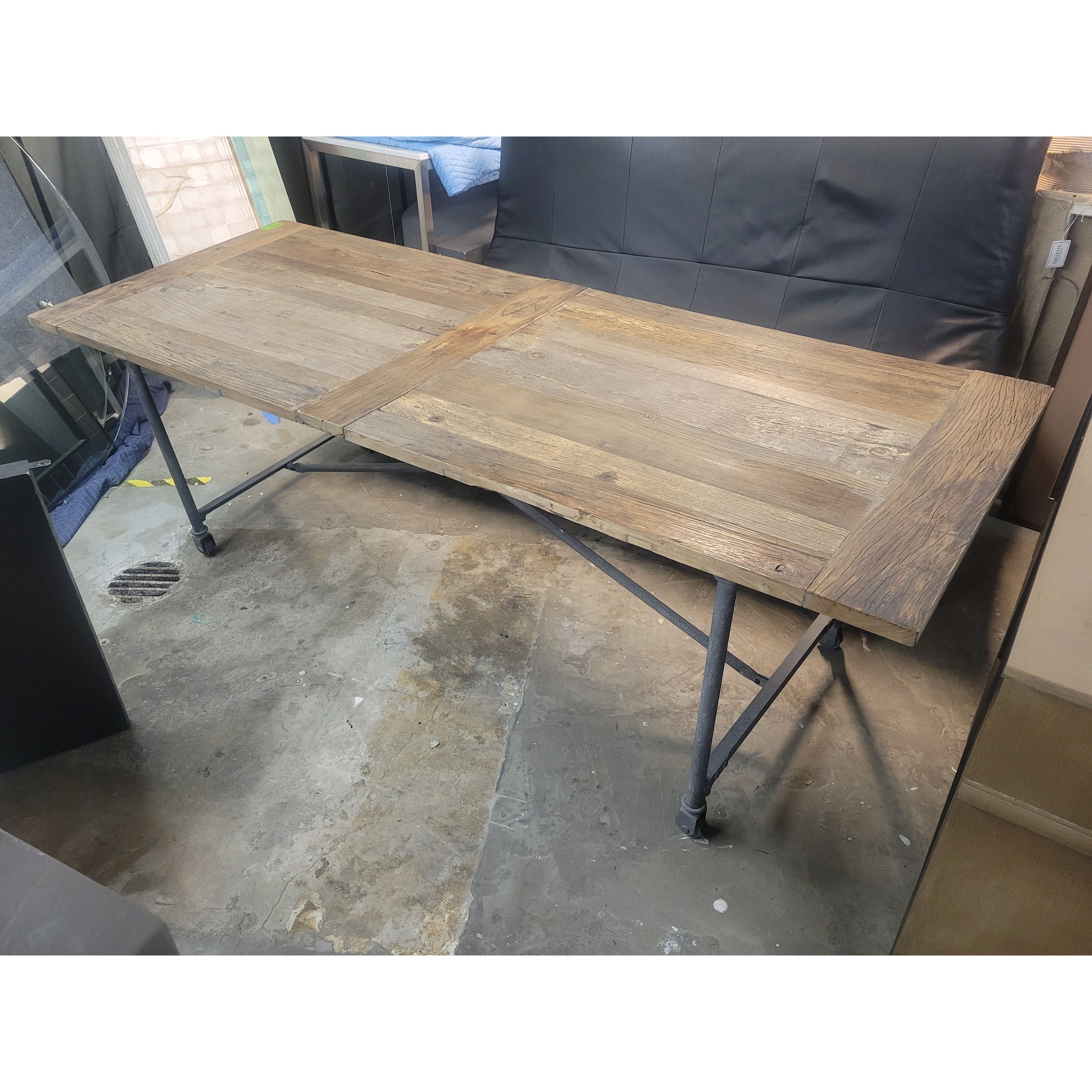 Reclaimed Wood & Iron Dining Table on Wheels by RH - AS IS