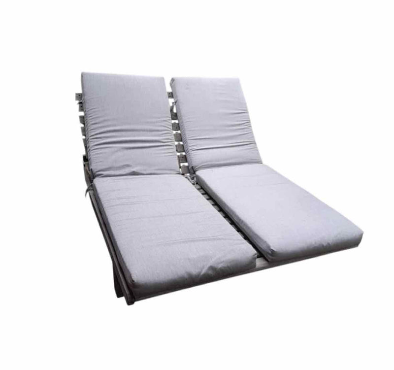 Teak Double Outdoor Lounge Chaise w/Wheels & Grey Cushions