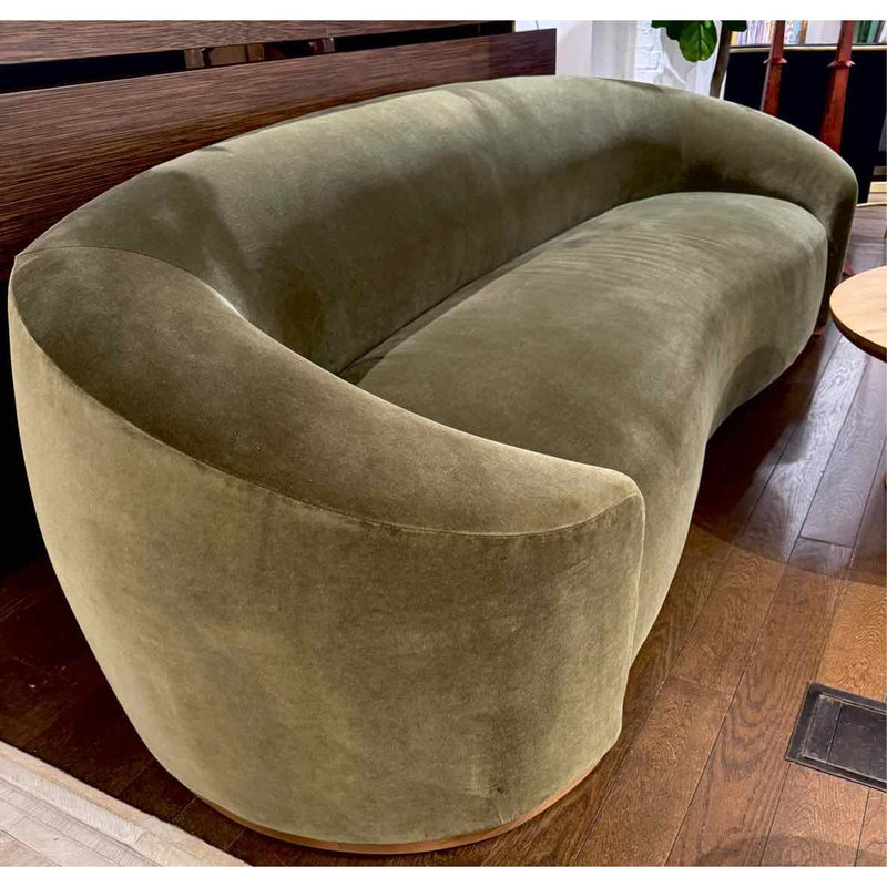 9-ft Curved Olive Velvet Sofa w/ Ash Base - AS IS