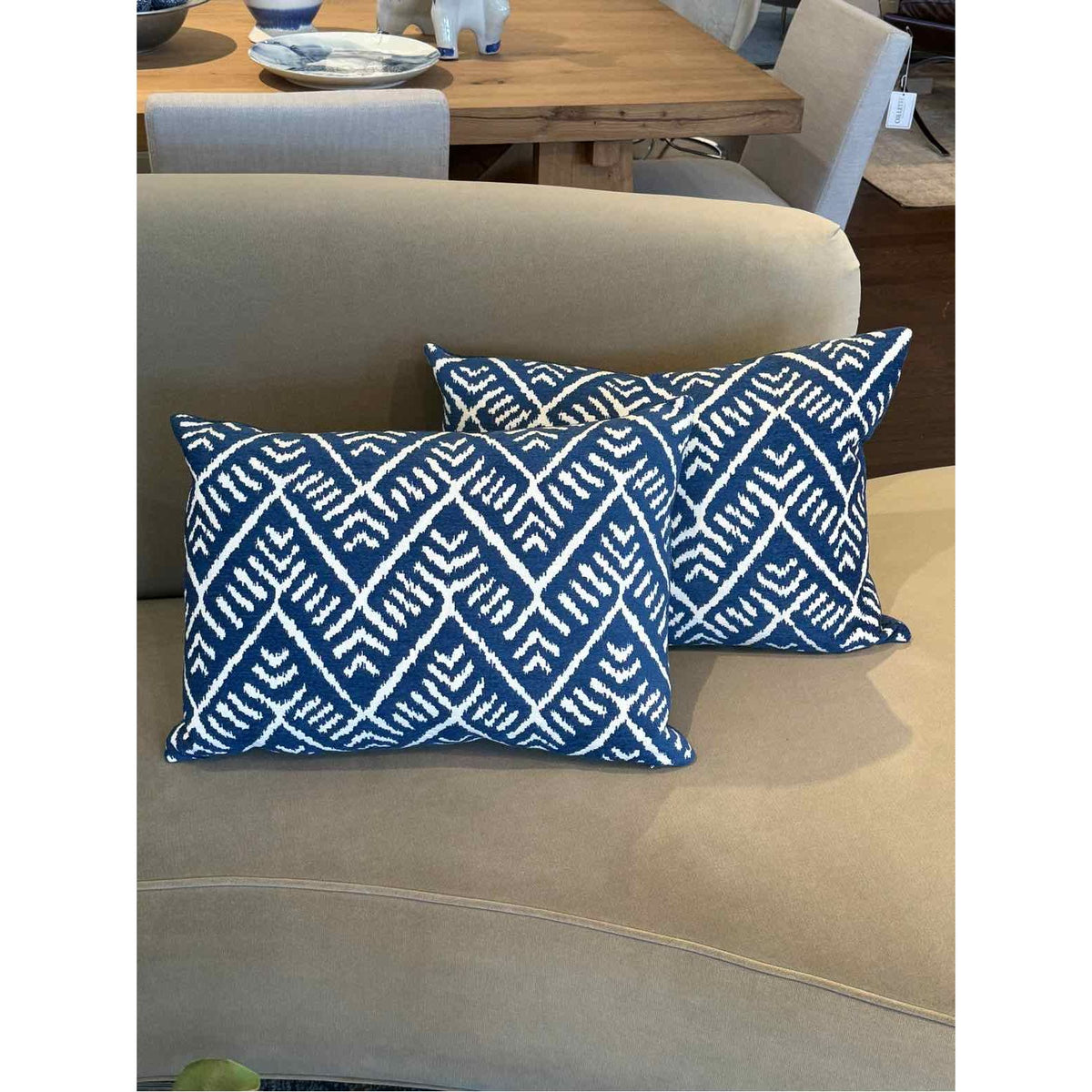 Pair of Blue & White Velvet Lumbar Pillows w/ IKAT Pattern