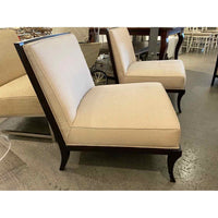PAIR of Beige Upholstered Castel Slipper Chairs on Walnut Bases by Baker (AS IS)