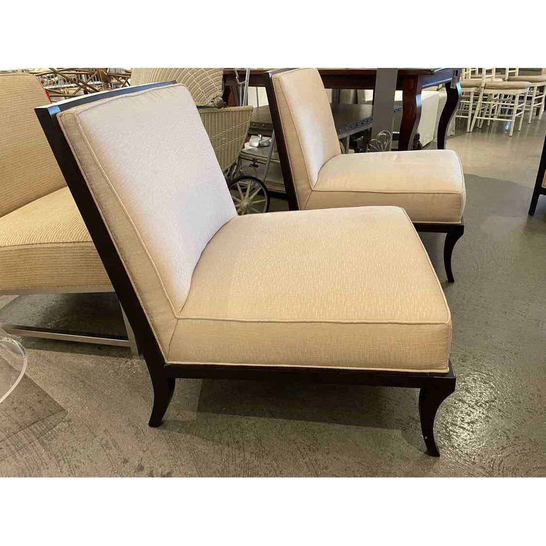 PAIR of Beige Upholstered Castel Slipper Chairs on Walnut Bases by Baker (AS IS)