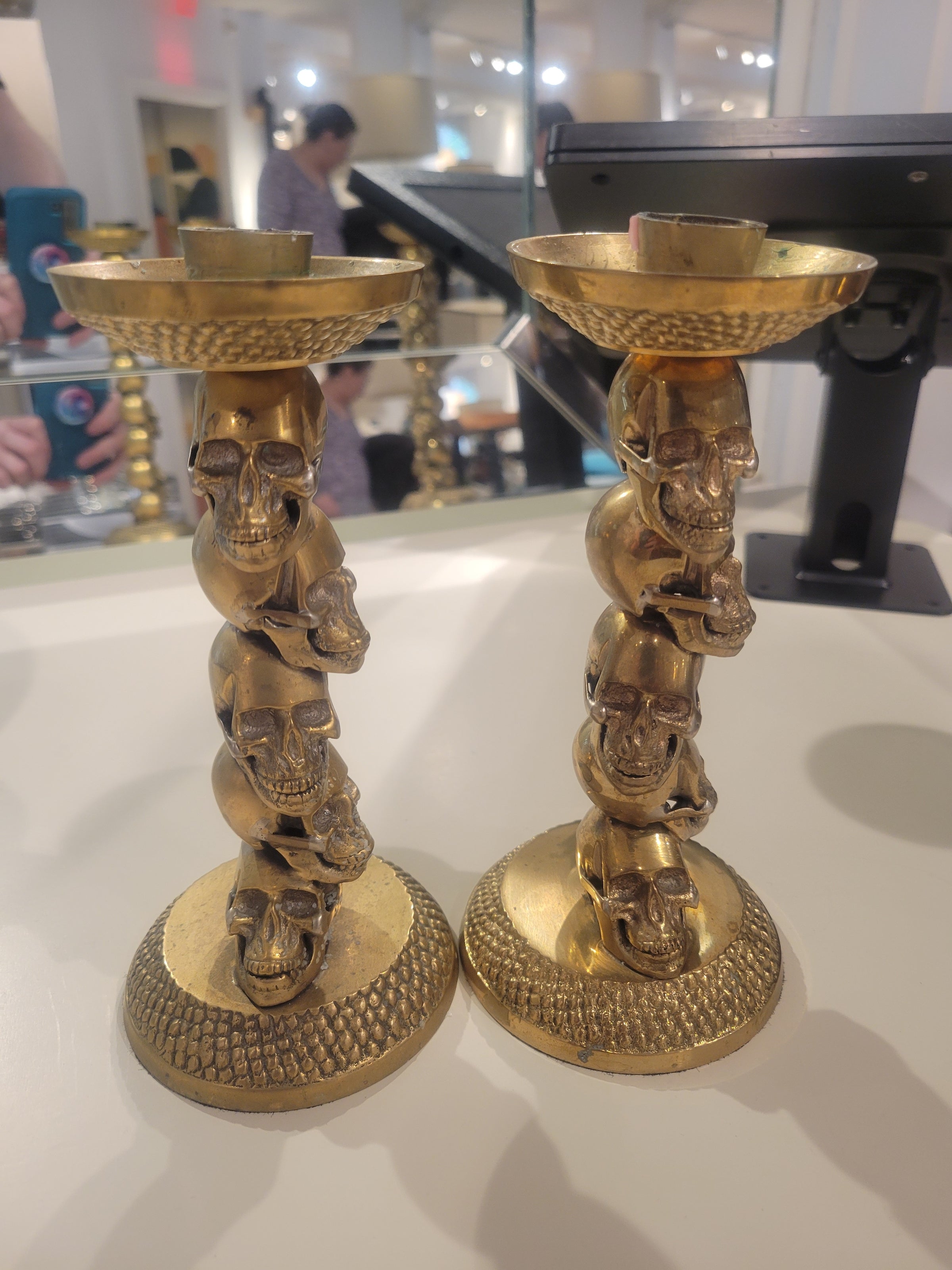 PAIR of Brass Stacked Skulls Candlesticks by DL & Co