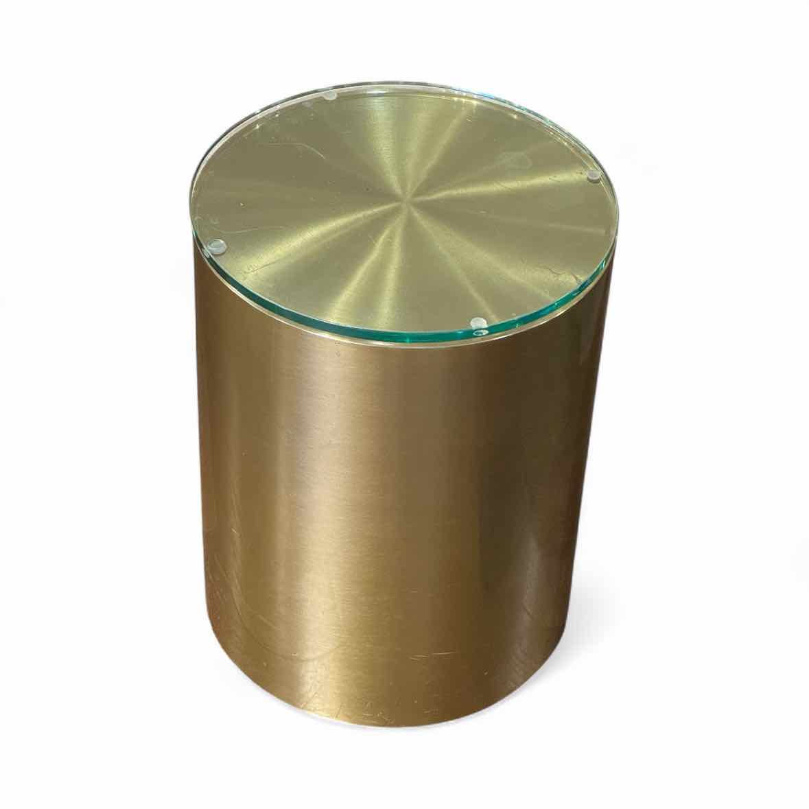 Brass Cylinder Side Table w/ Glass Top