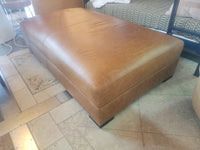 Brown Leather Ottoman w/ Dark Wood Legs by RH