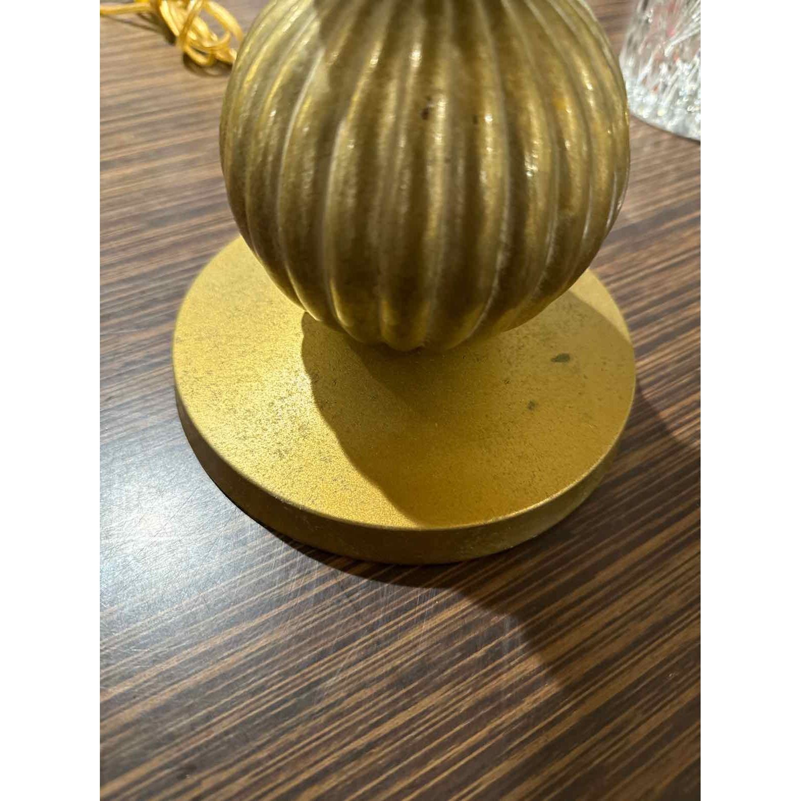 Pair of 1970's Brass Ribbed Balls Lamps w/Pleated Shades, 26"H x15"Dia