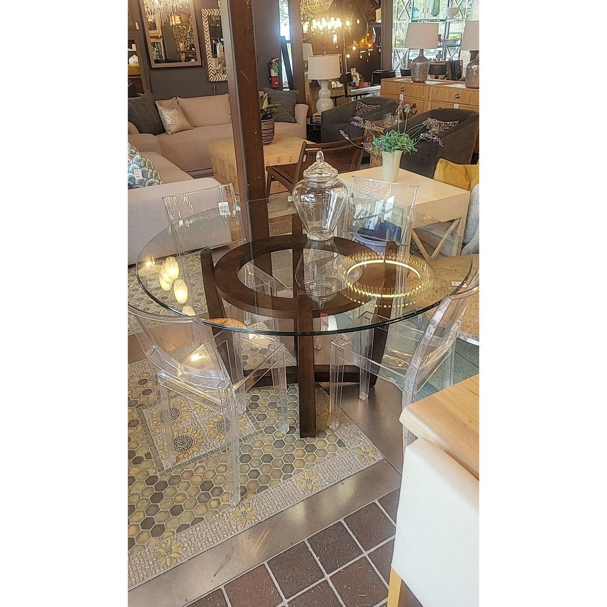 Dark Wood Pedestal Dining Table w/ Glass Top