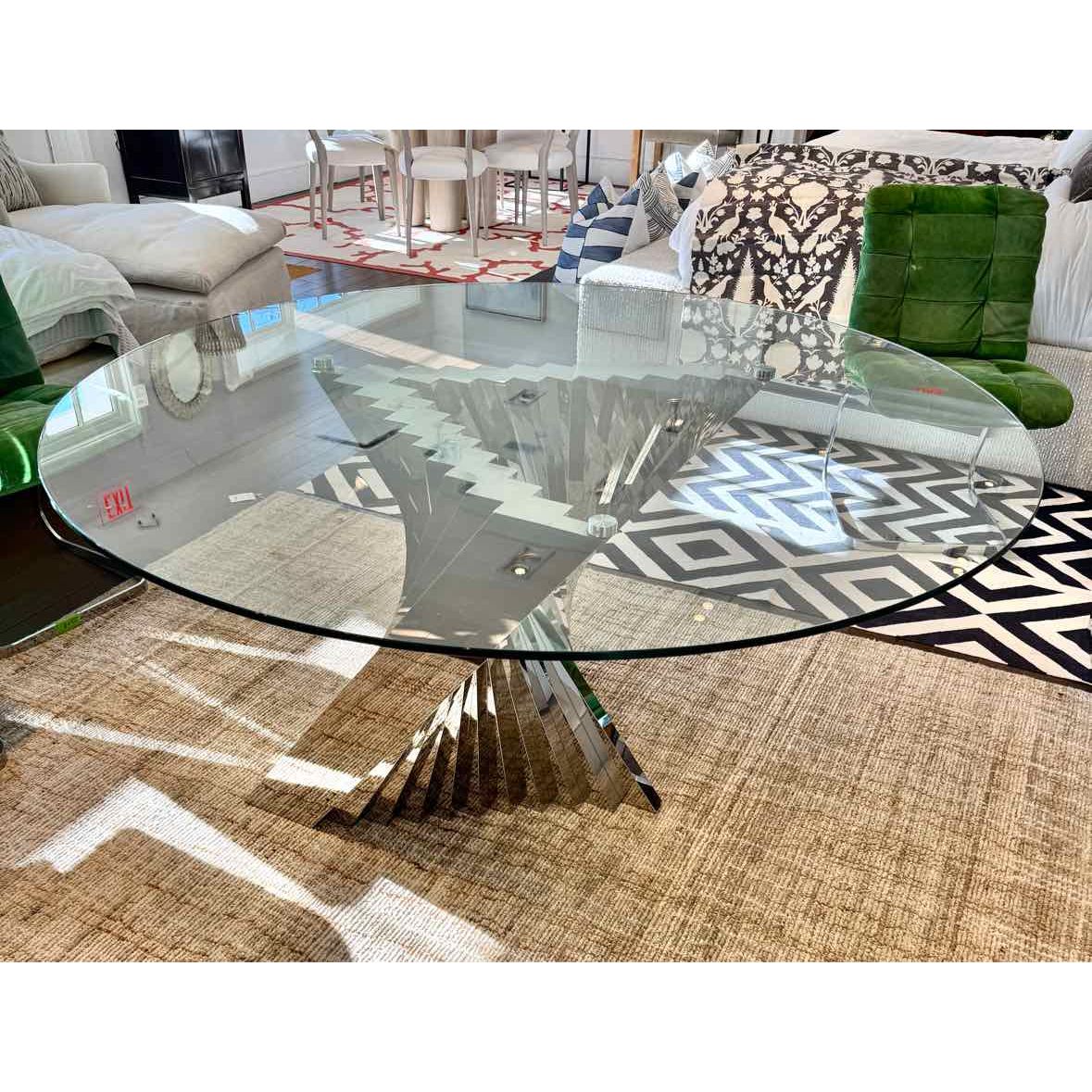 Custom Geometric Chrome Dining Table w/ Glass Top