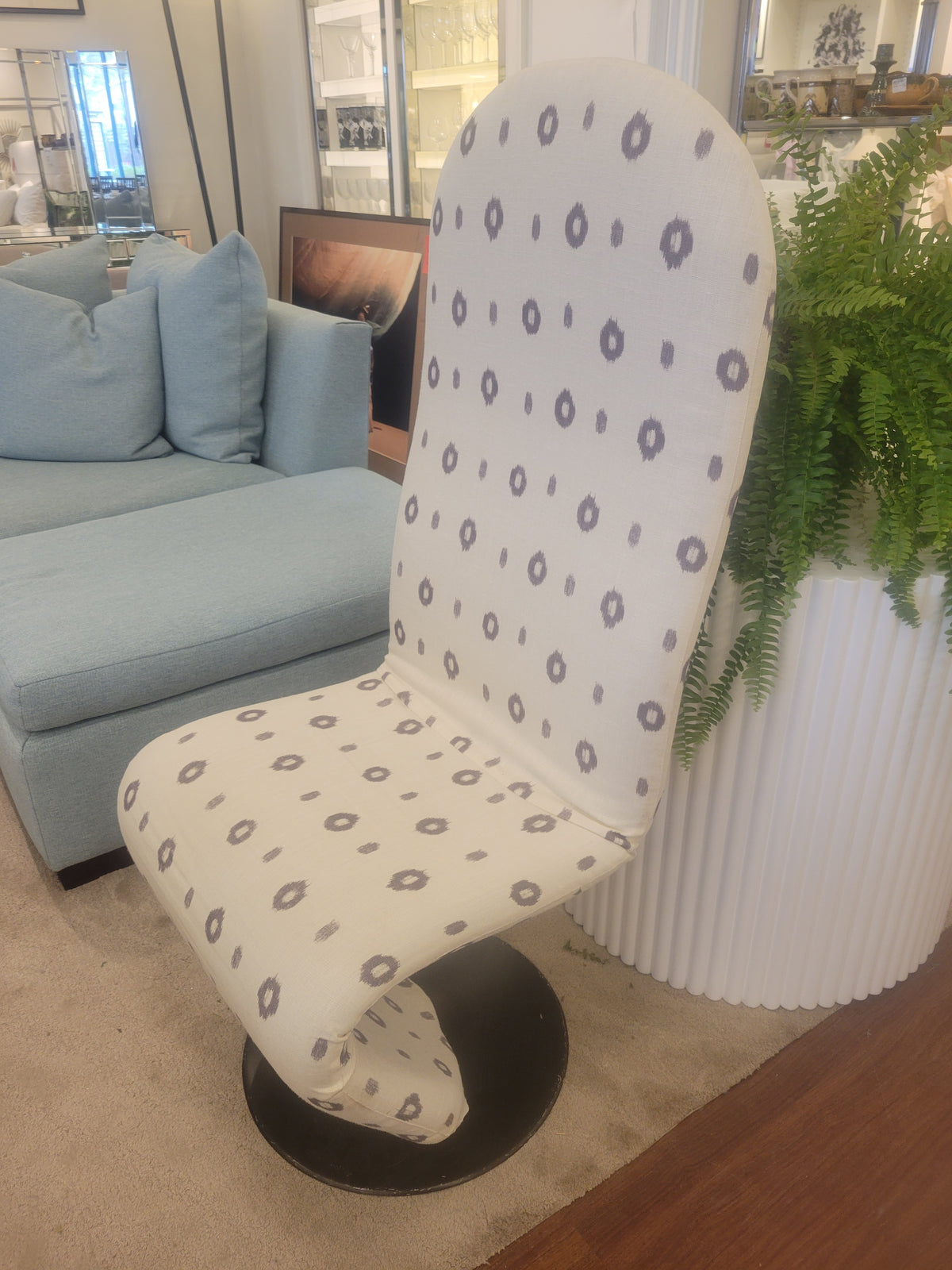Mid-Century Style High-Back Purple Spots Swivel Chair on Metal Base (AS IS)