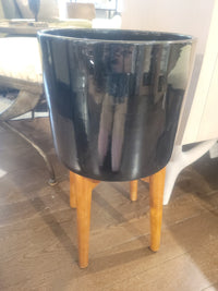 Glazed Black Ceramic Planter on Wood Stand (AS IS)