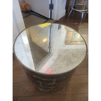 Vintage Metal Drum Coffee Table w/ Antiqued Mirror Glass Top - colletteconsignment.com