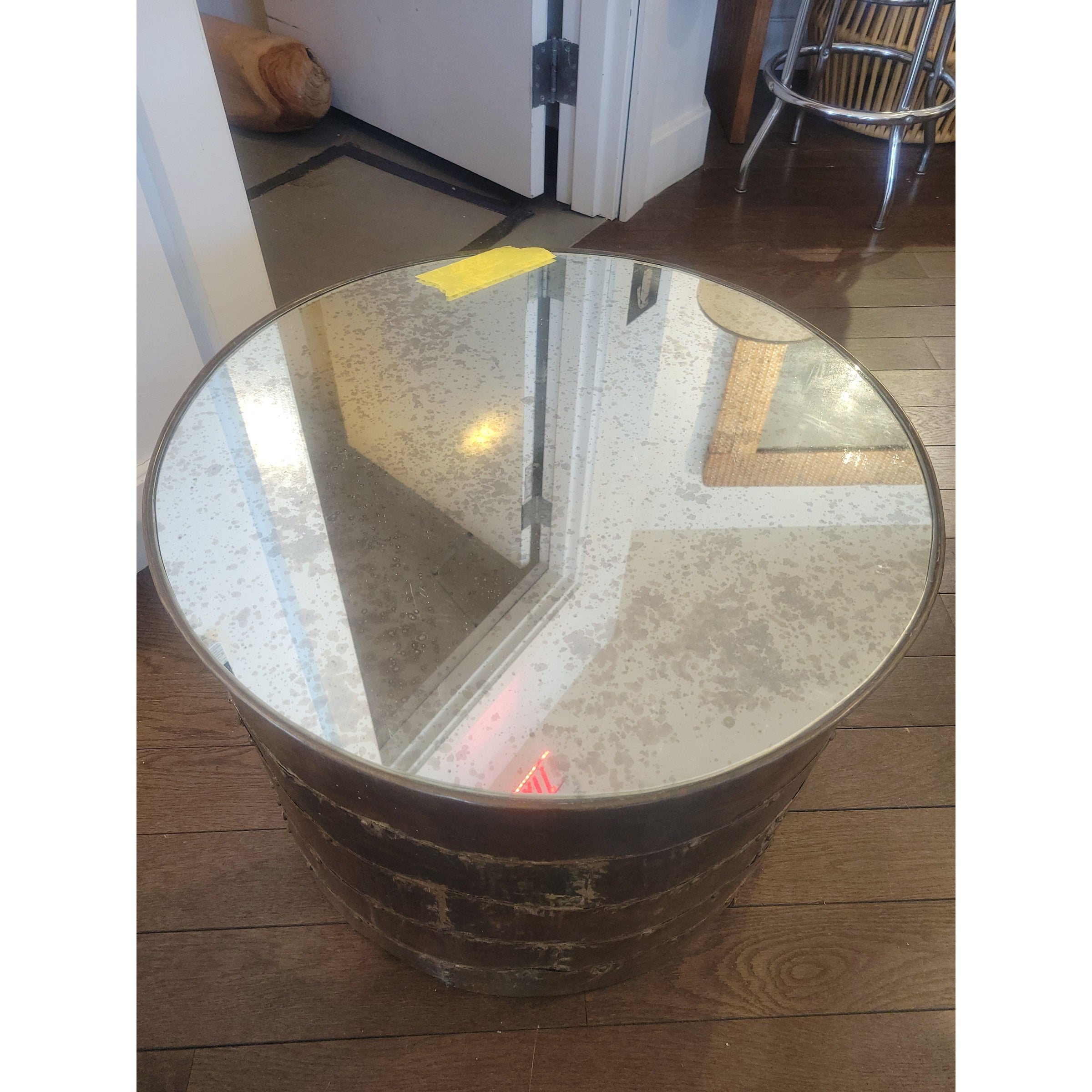 Vintage Metal Drum Coffee Table w/ Antiqued Mirror Glass Top - colletteconsignment.com