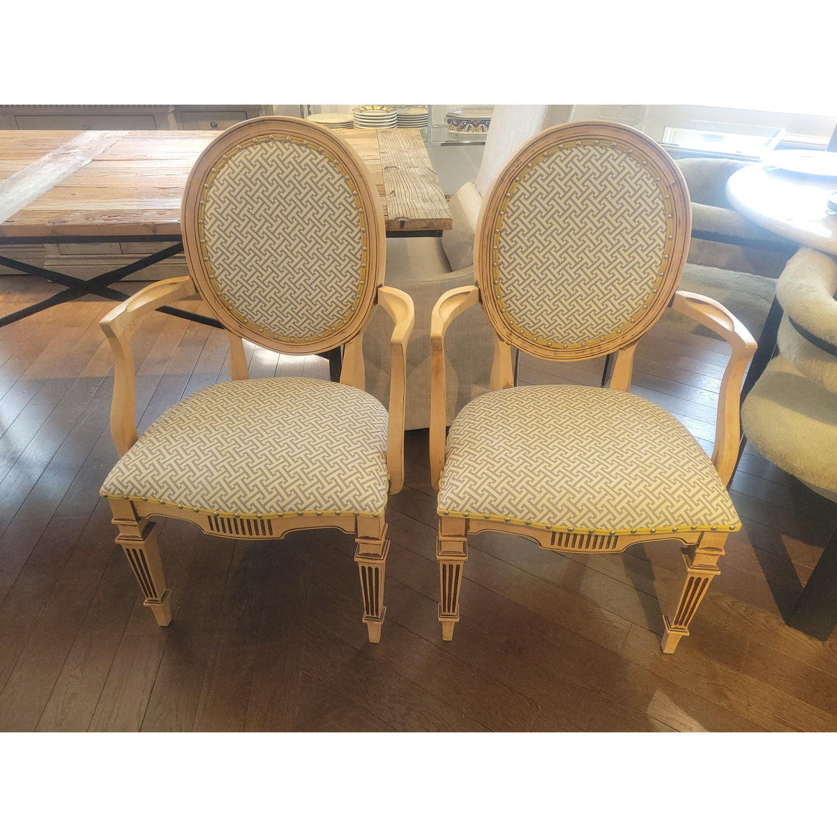 PAIR of Louis XVI Style Medallion Back Chairs w/ Sayagata Pattern Fabric (AS IS) - colletteconsignment.com
