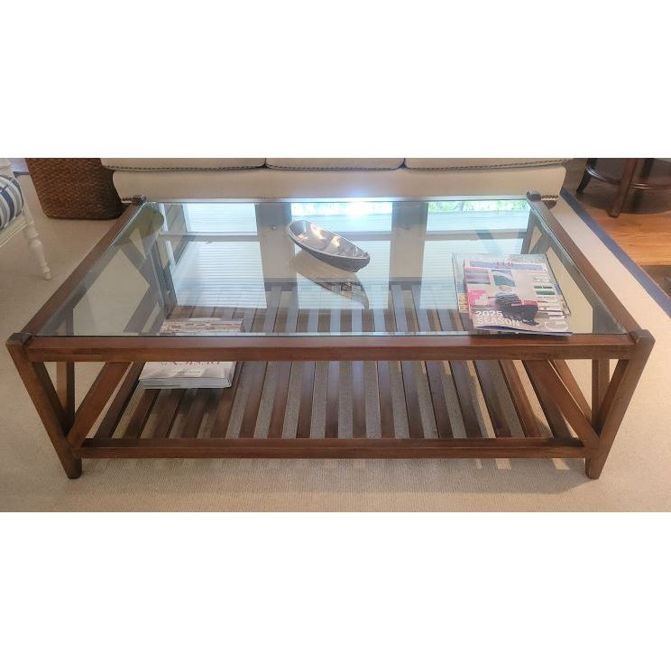 Rectangular Wood Coffee Table w/ Shelf & Beveled Glass Top