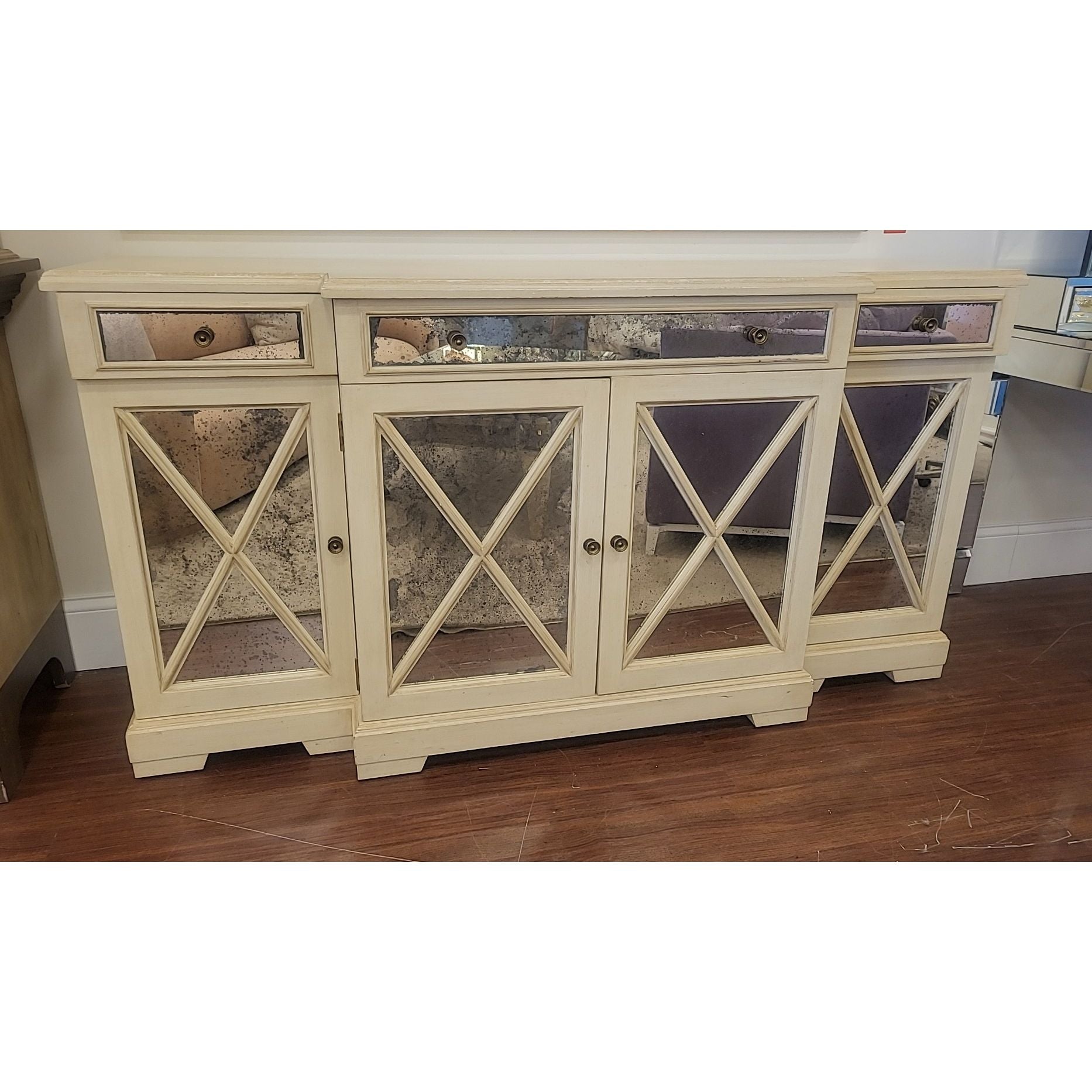 Pickled Wood Media Credenza w/ Antiqued Mirror Glass