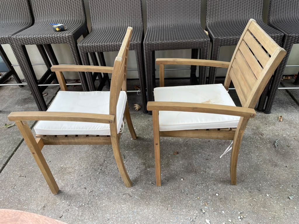 Pair of Teak Outdoor Dining Chair w/ White Cushions