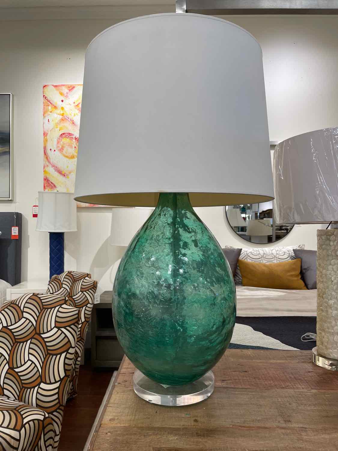 Green Glass Table Lamp on Acrylic Base w/ White Shade