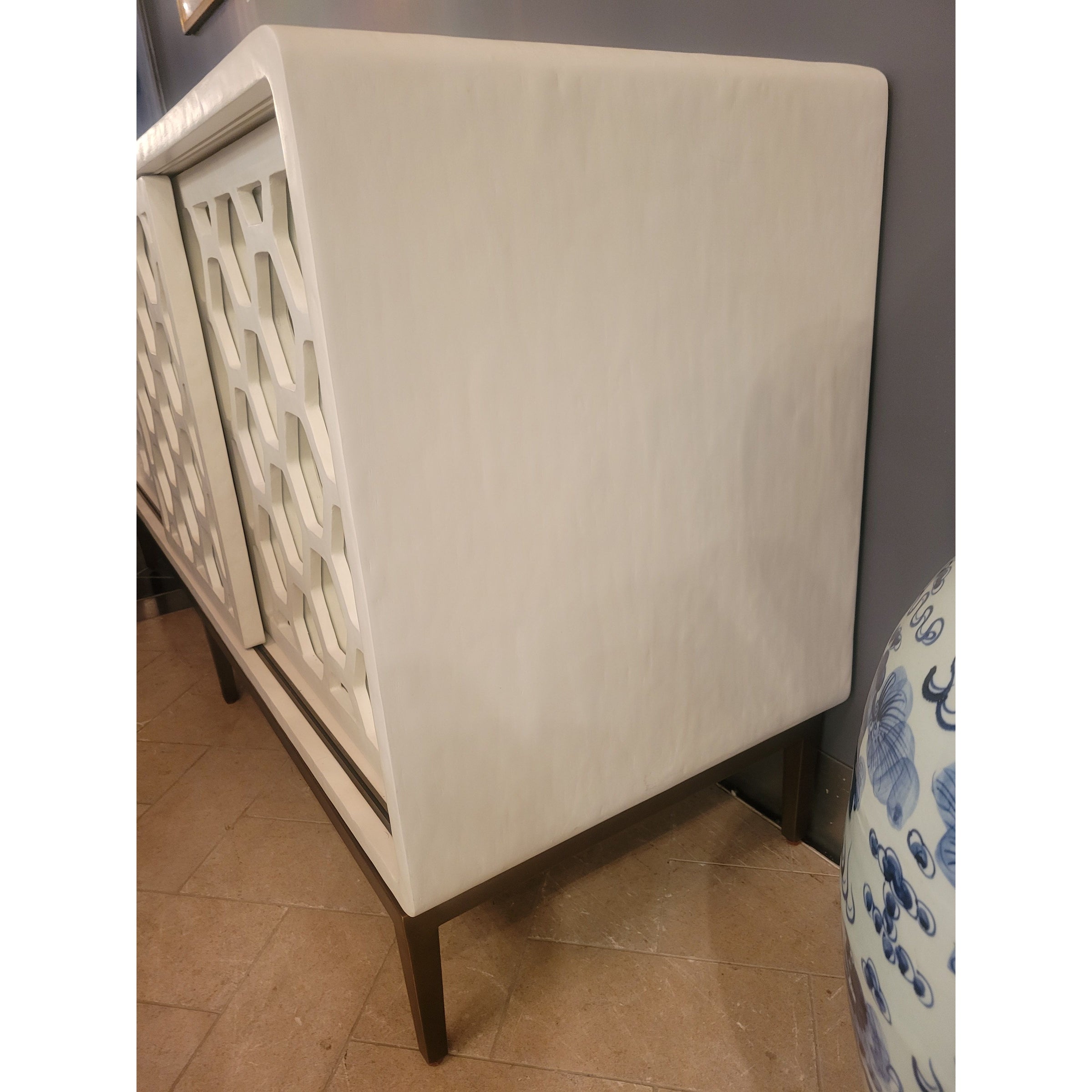 'Wilhelm' White Gesso Sliding Door Credenza w/ Mirror Glass by Mr. Brown