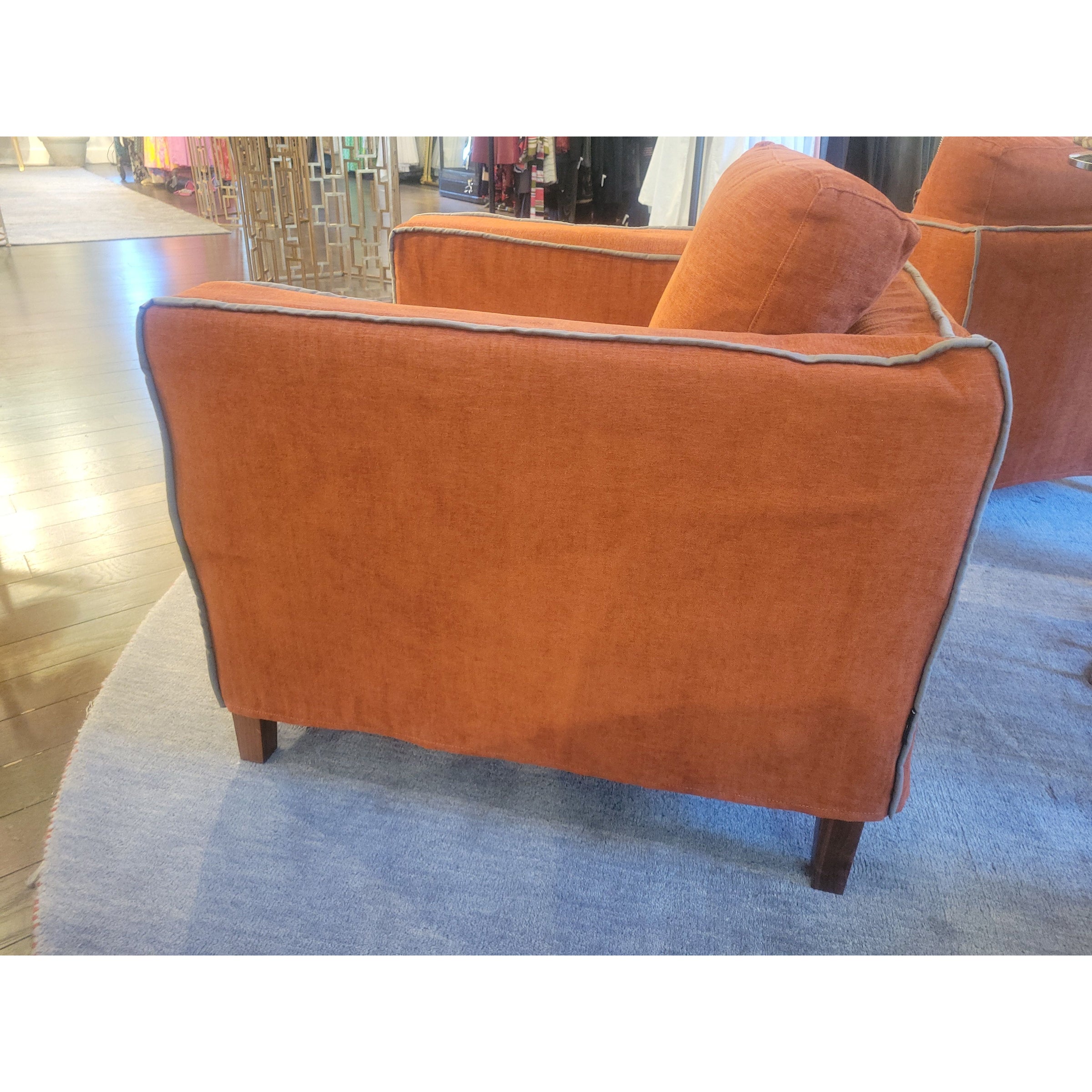 PAIR of Orange Linen Square Lounge Arm Chairs w/ Gray Piping by Flexteam