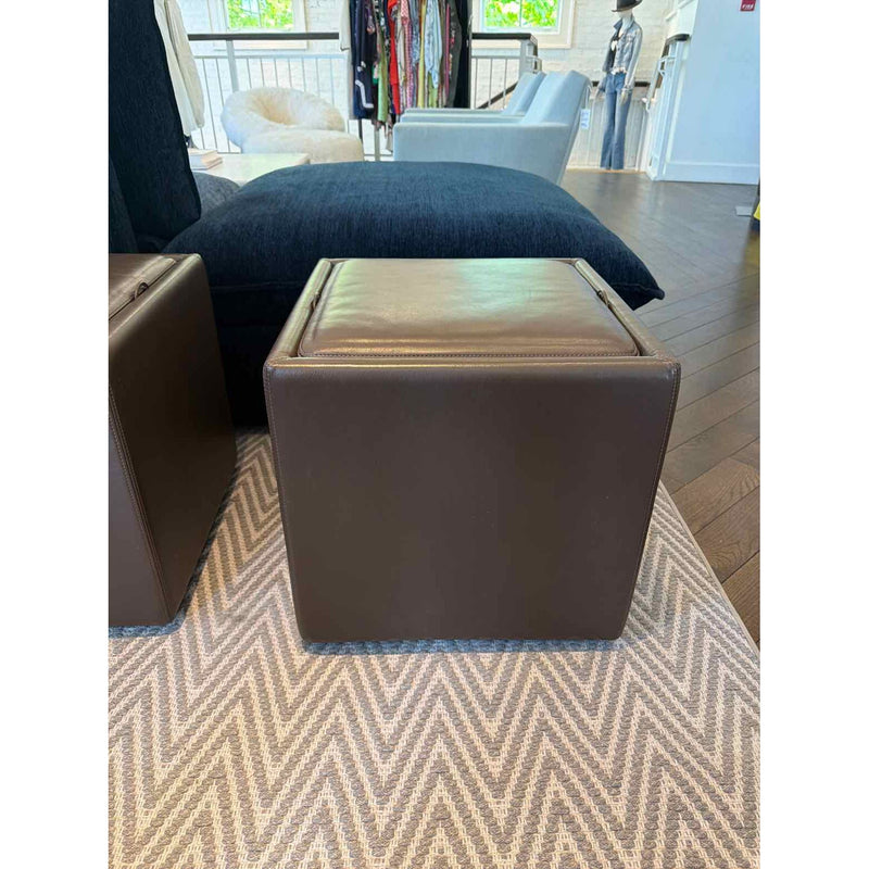 Brown Leather Storage Ottoman w/ Flip Top Wood Tray on Casters by DWR - colletteconsignment.com