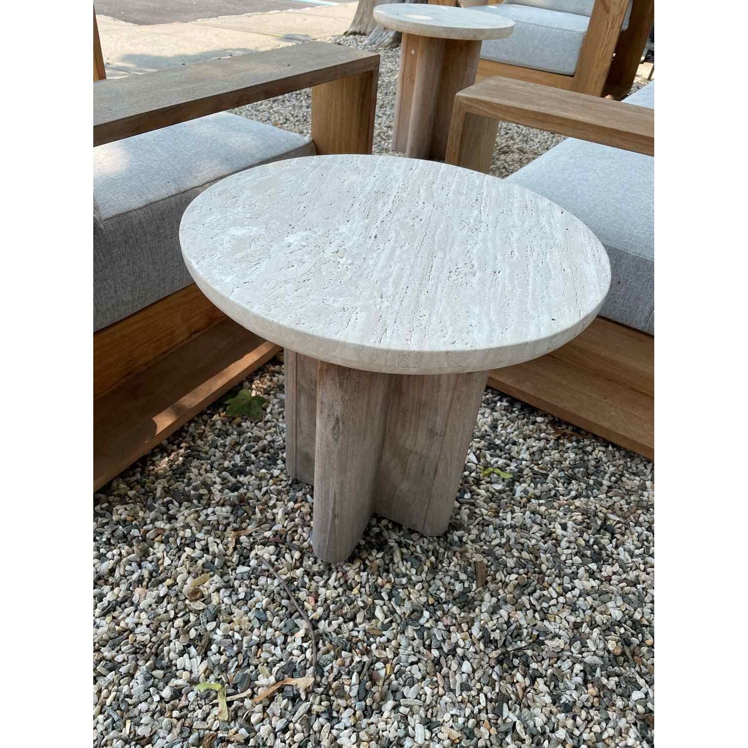 Victoria Teak Side Table w/ Round Travertine Top by Harbour (AS IS)