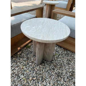 Victoria Teak Side Table w/ Round Travertine Top by Harbour (AS IS)
