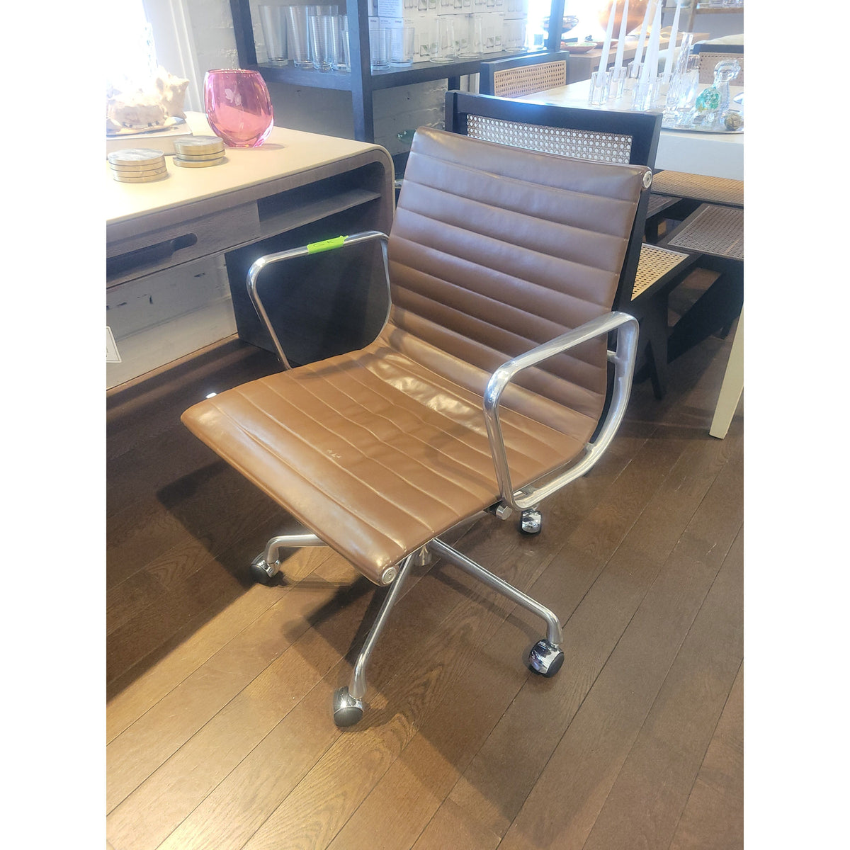 Brown Leather & Aluminum Desk Chair on Casters by Herman Miller for Eames - colletteconsignment.com