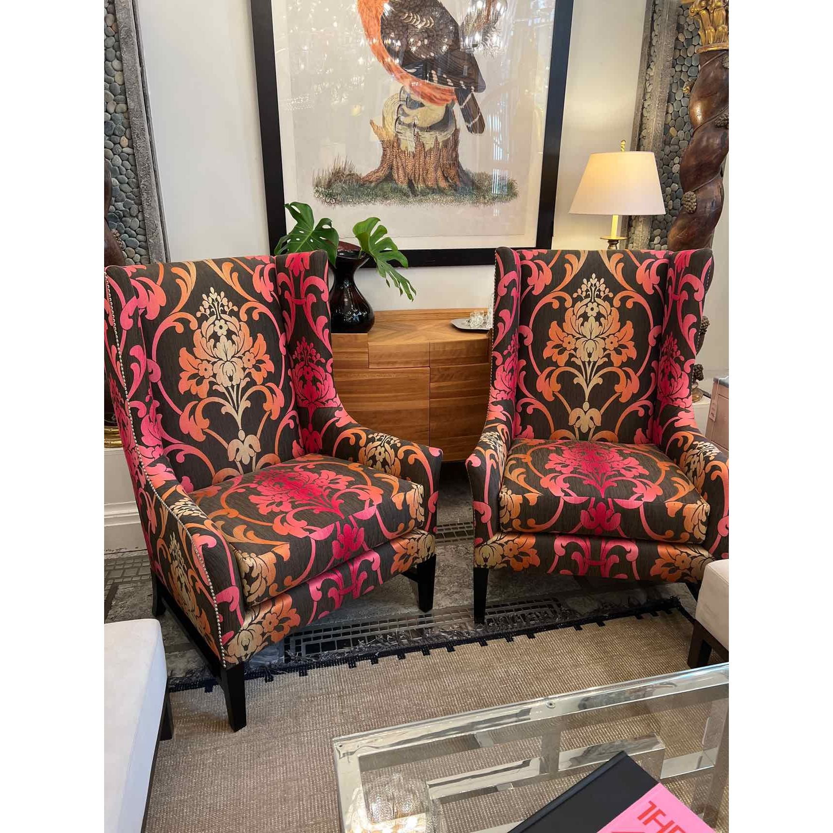 Pair of Wing Chairs in Chocolate and Flame Damask & Nail Head Trim