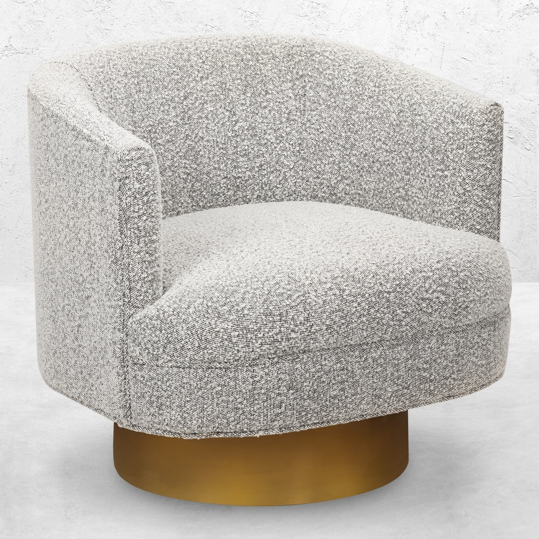Club-Style Occasional Swivel Chair in Off-White Boucle w/ Brushed Brass Base