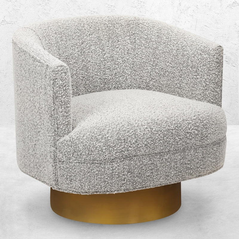 Club-Style Occasional Swivel Chair in Off-White Boucle w/ Brushed Brass Base