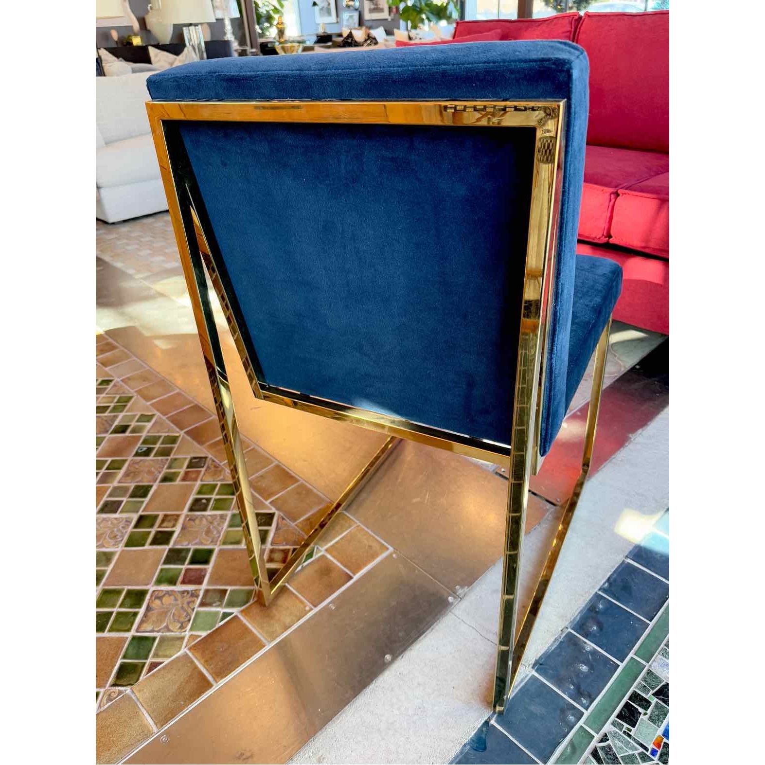 Pair of Goldfinger Dining Chairs in Navy Suede w/ Shiny Brass Legs