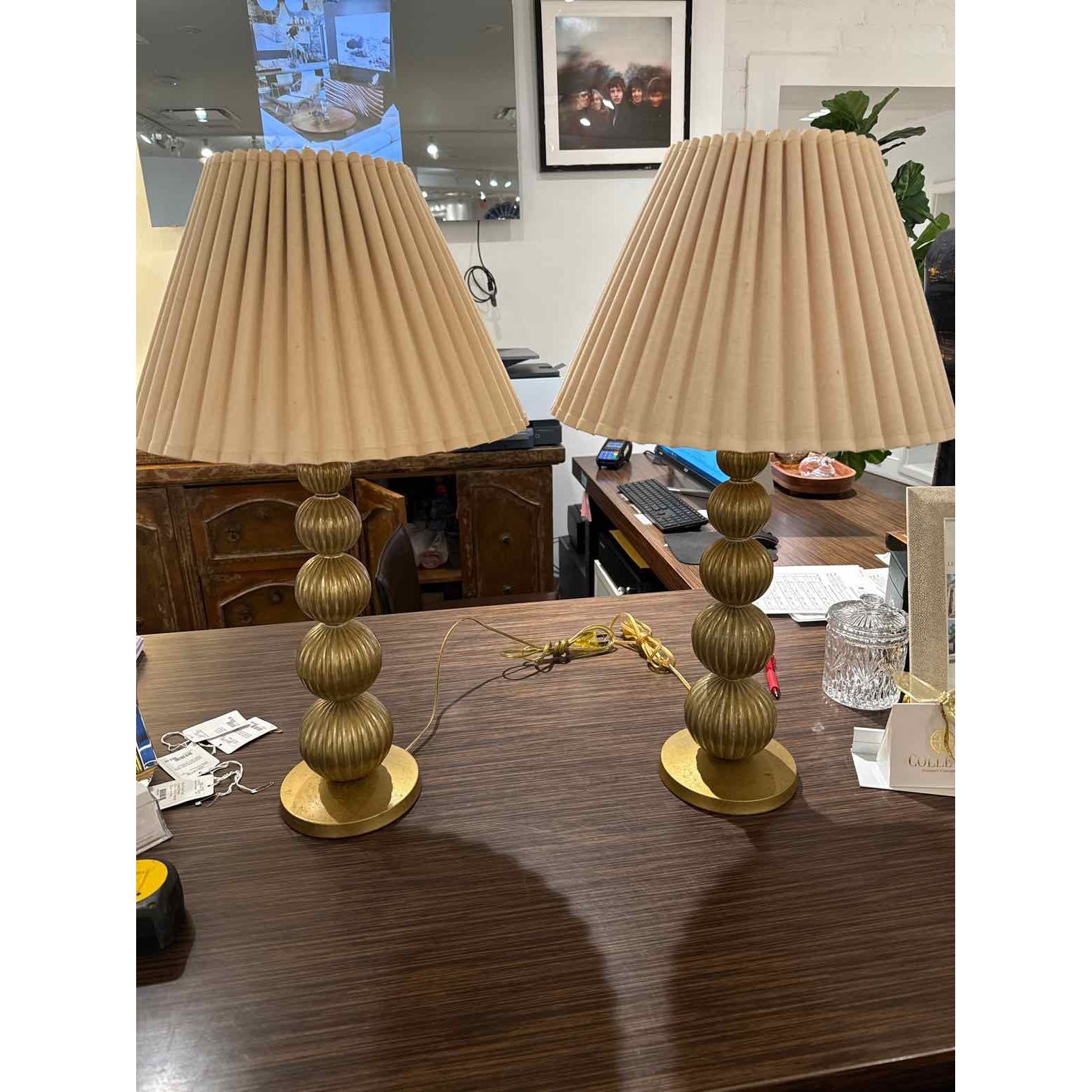 Pair of 1970's Brass Ribbed Balls Lamps w/Pleated Shades, 26"H x15"Dia