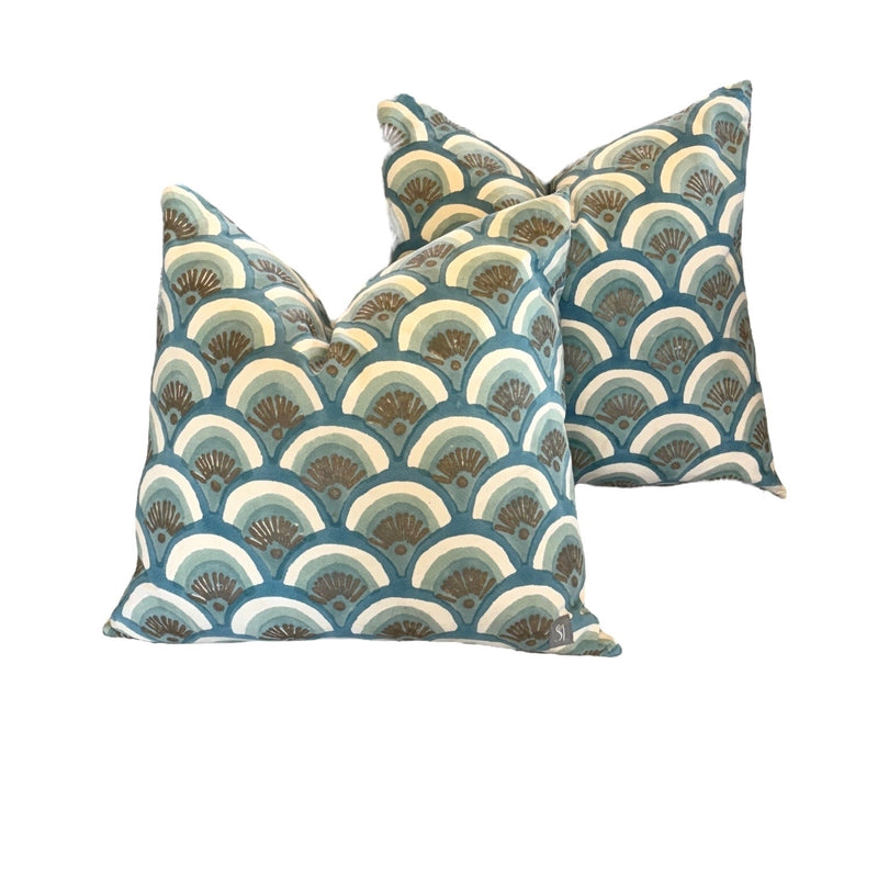 Pair of White & Teal Kyoto Pillows by Serena & Lily